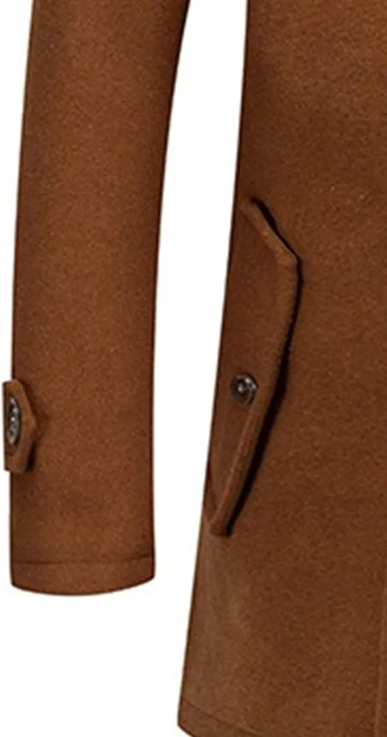 Mens Winter Thicken Wool Jacket Woolen Trench Coat with Detachable Scarf Notched Collar Single Breasted Pea Coats