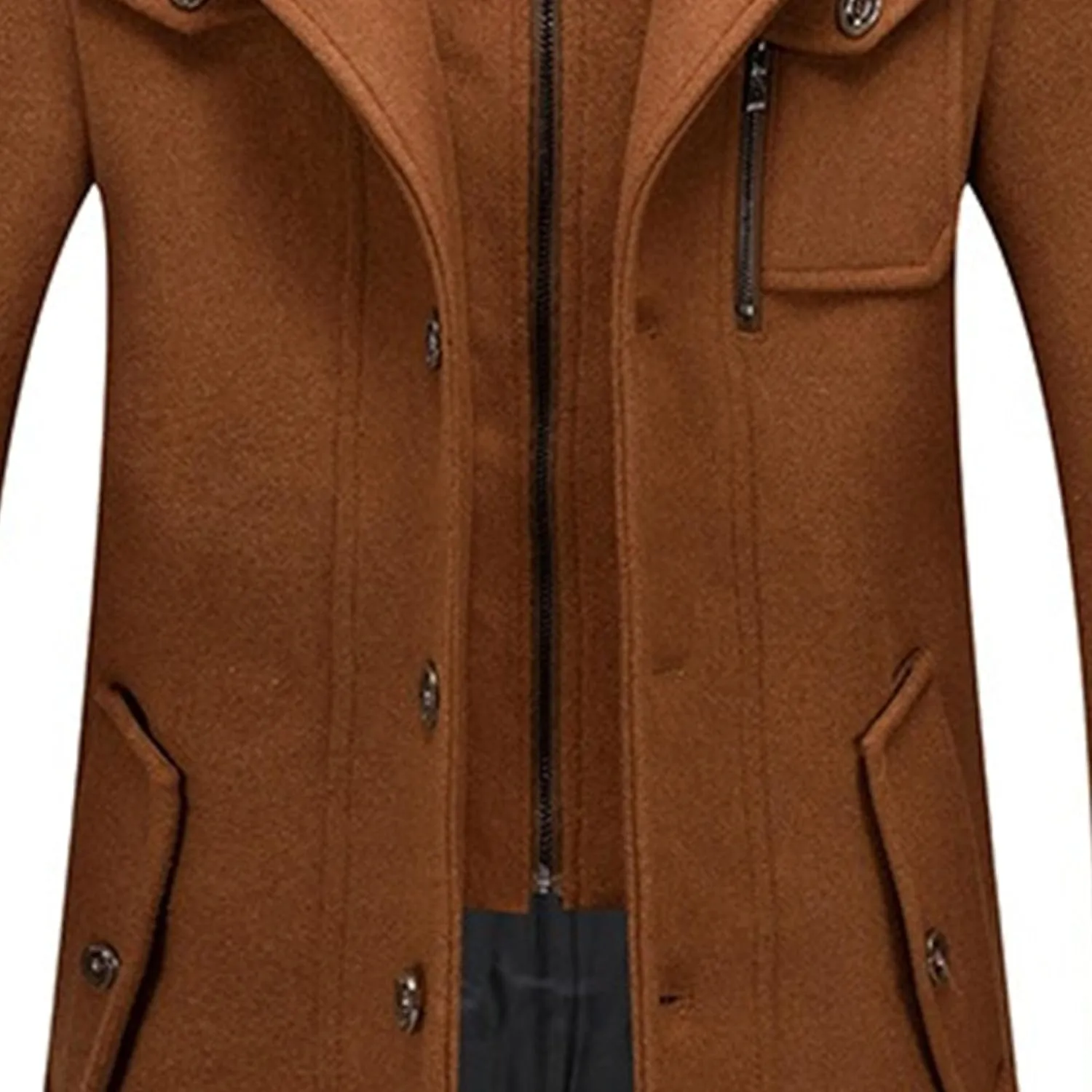 Mens Winter Thicken Wool Jacket Woolen Trench Coat with Detachable Scarf Notched Collar Single Breasted Pea Coats