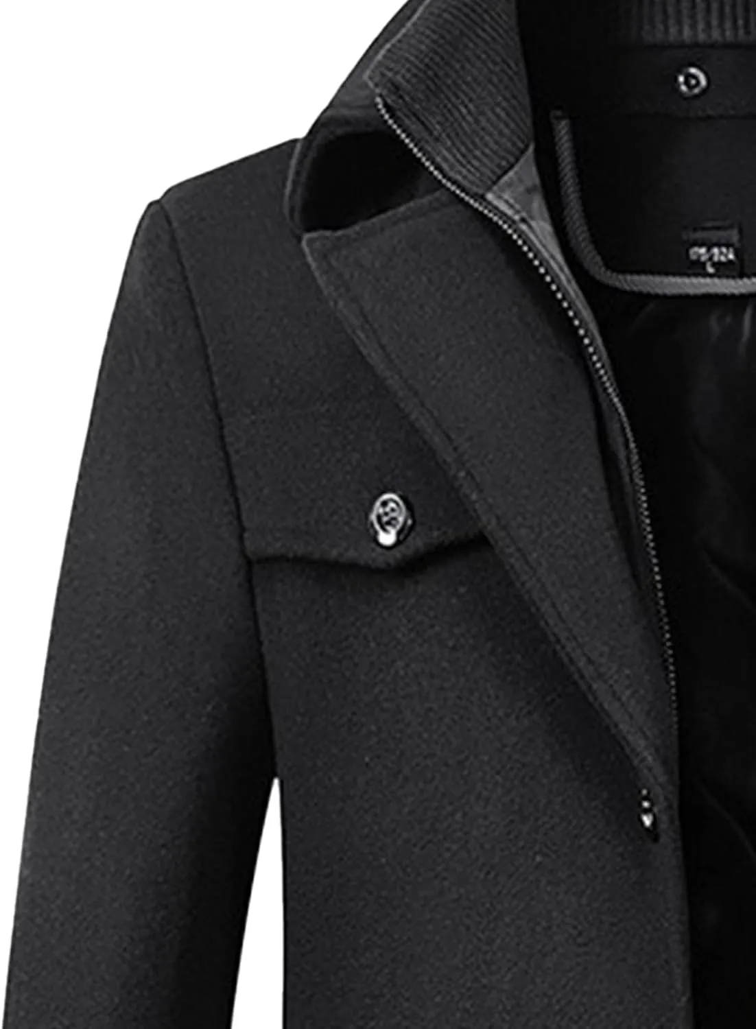 Mens Winter Thicken Wool Jacket Woolen Trench Coat with Detachable Scarf Notched Collar Single Breasted Pea Coats