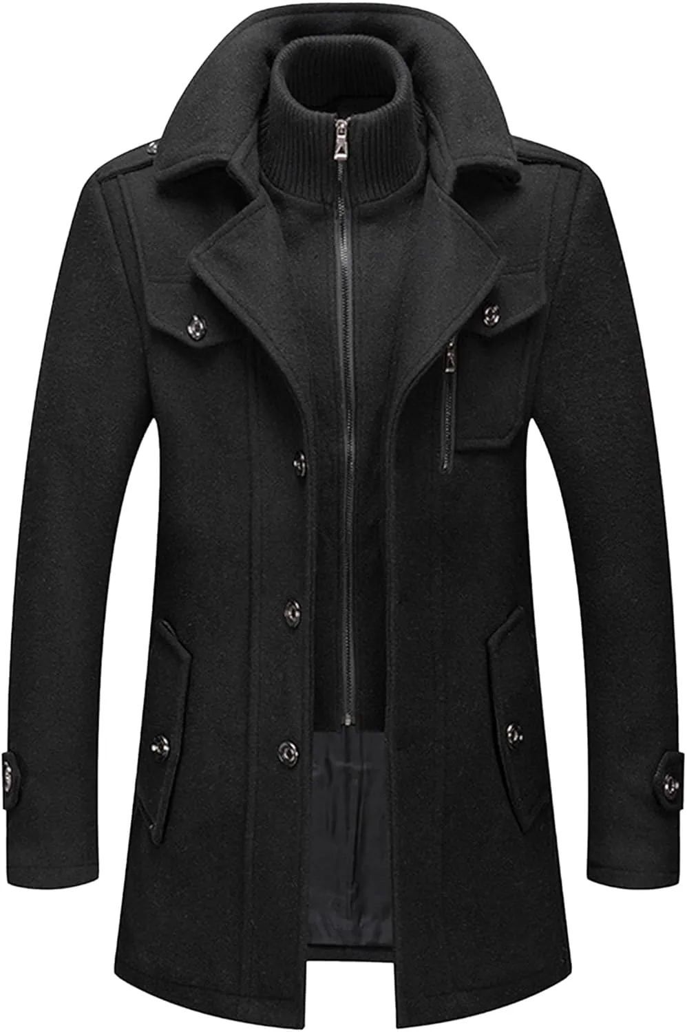 Mens Winter Thicken Wool Jacket Woolen Trench Coat with Detachable Scarf Notched Collar Single Breasted Pea Coats