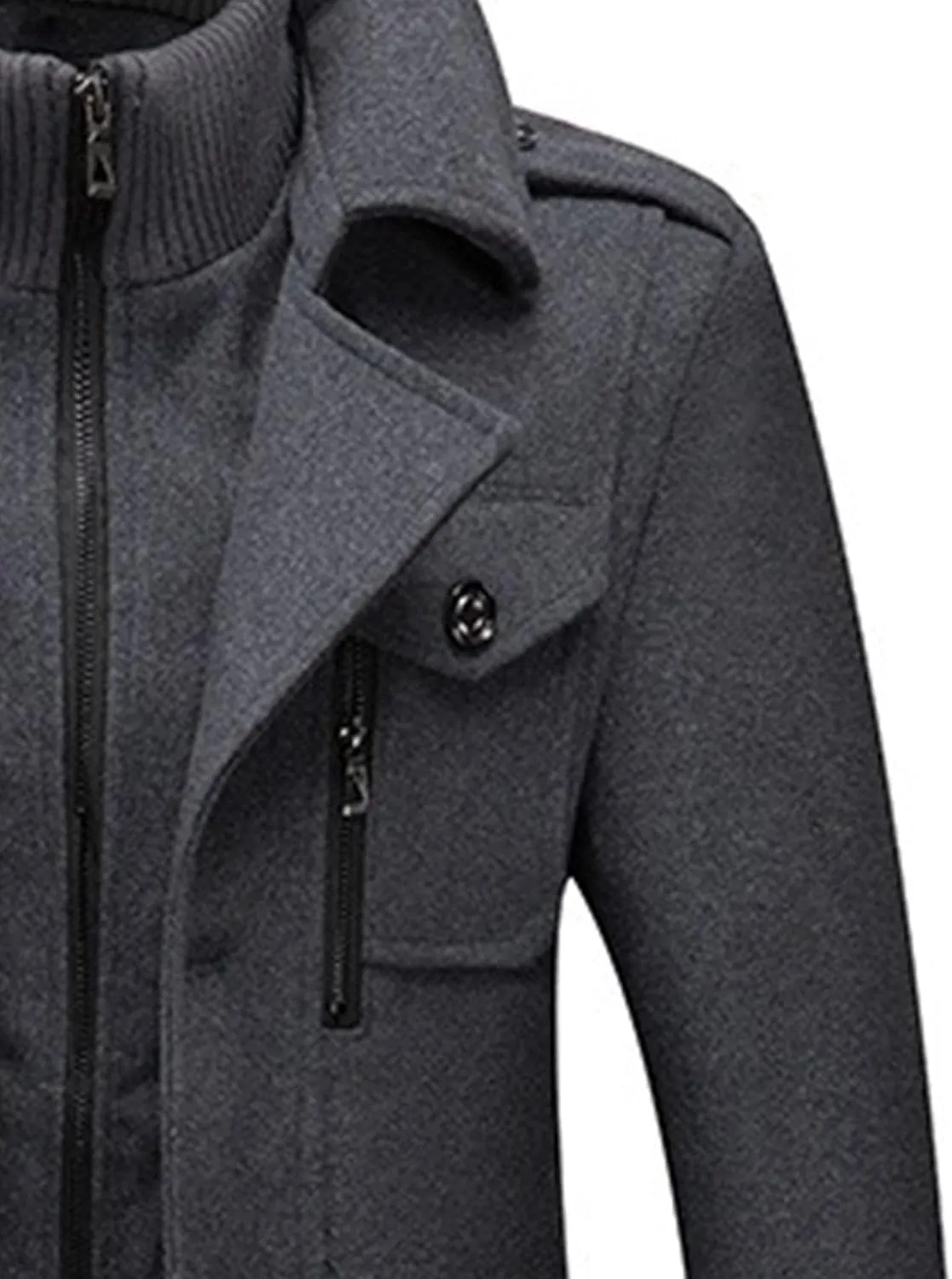 Mens Winter Thicken Wool Jacket Woolen Trench Coat with Detachable Scarf Notched Collar Single Breasted Pea Coats