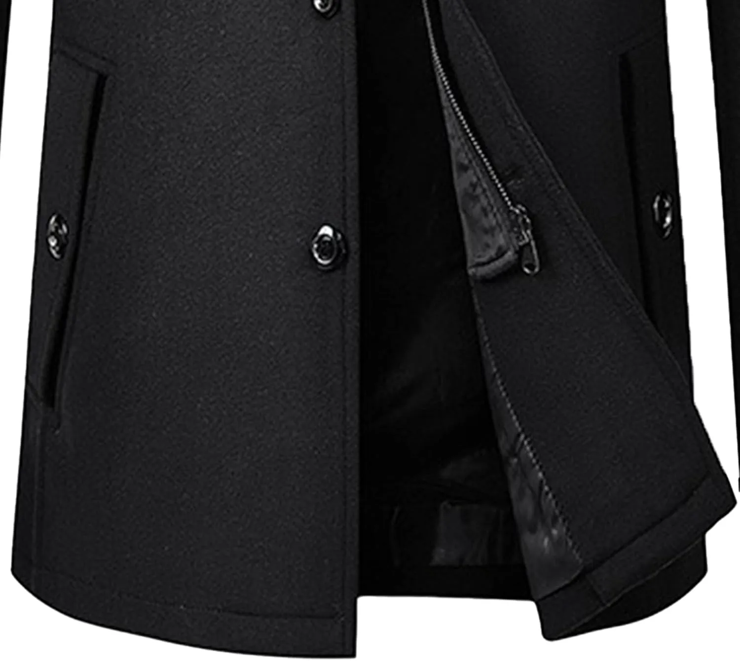Mens Winter Thicken Wool Jacket Woolen Trench Coat with Detachable Scarf Notched Collar Single Breasted Pea Coats
