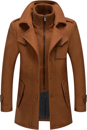 Mens Winter Thicken Wool Jacket Woolen Trench Coat with Detachable Scarf Notched Collar Single Breasted Pea Coats