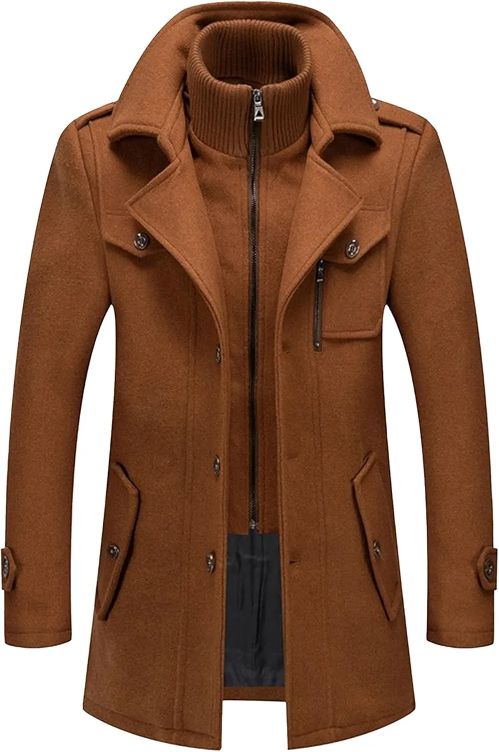 Mens Winter Thicken Wool Jacket Woolen Trench Coat with Detachable Scarf Notched Collar Single Breasted Pea Coats