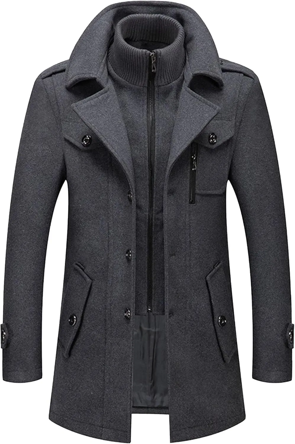 Mens Winter Thicken Wool Jacket Woolen Trench Coat with Detachable Scarf Notched Collar Single Breasted Pea Coats