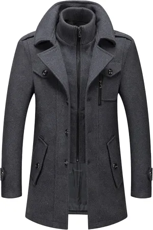 Mens Winter Thicken Wool Jacket Woolen Trench Coat with Detachable Scarf Notched Collar Single Breasted Pea Coats