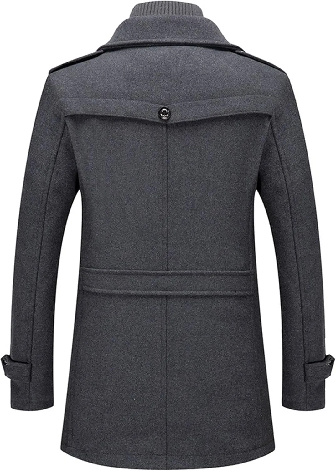 Mens Winter Thicken Wool Jacket Woolen Trench Coat with Detachable Scarf Notched Collar Single Breasted Pea Coats