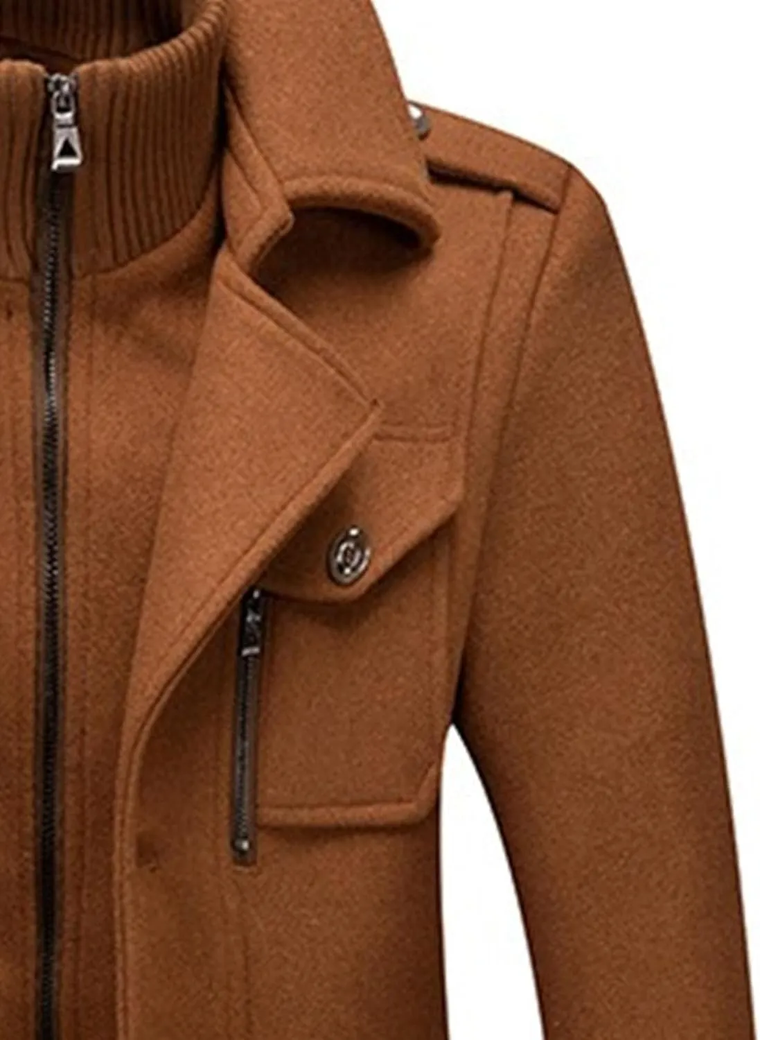 Mens Winter Thicken Wool Jacket Woolen Trench Coat with Detachable Scarf Notched Collar Single Breasted Pea Coats