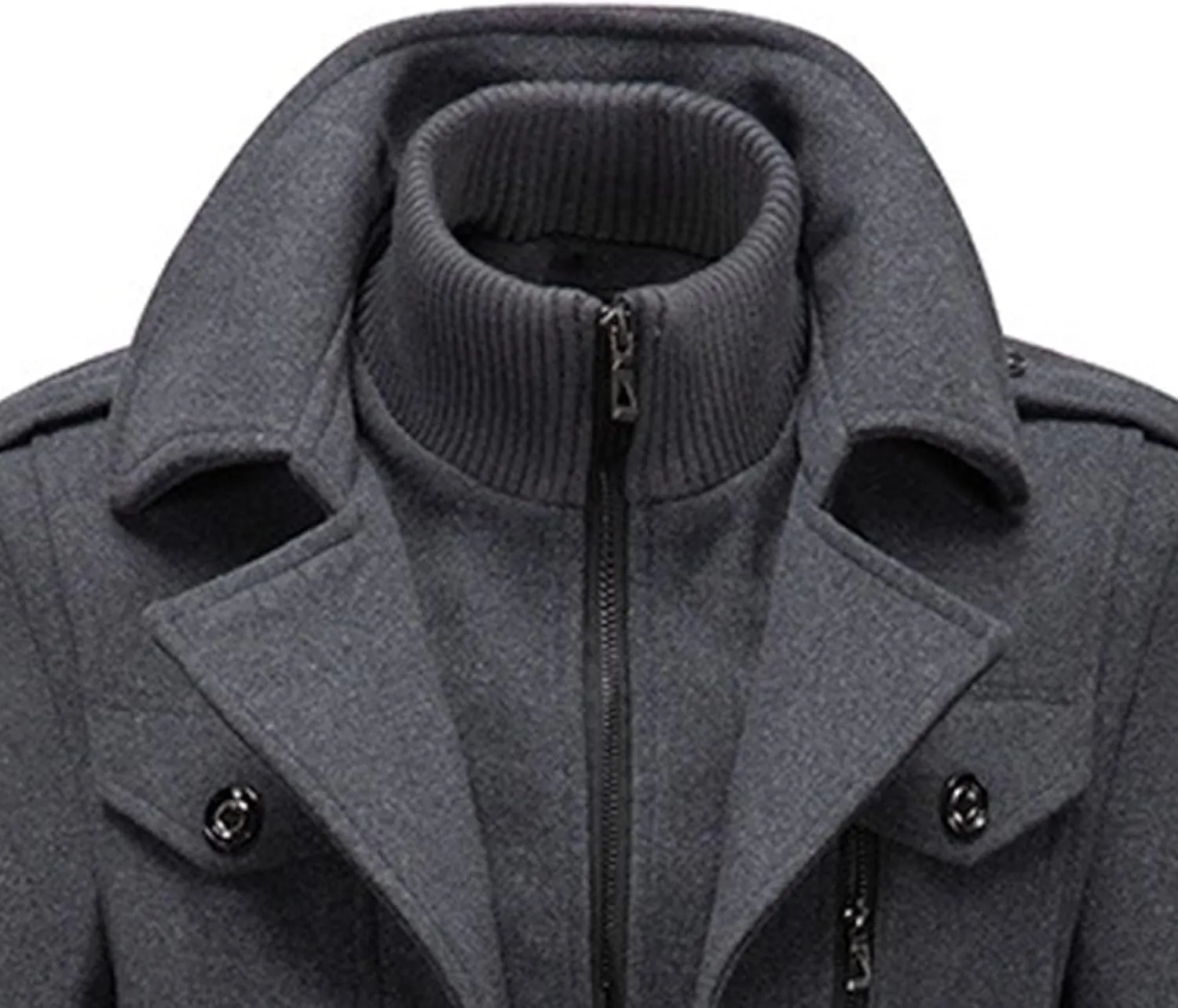 Mens Winter Thicken Wool Jacket Woolen Trench Coat with Detachable Scarf Notched Collar Single Breasted Pea Coats