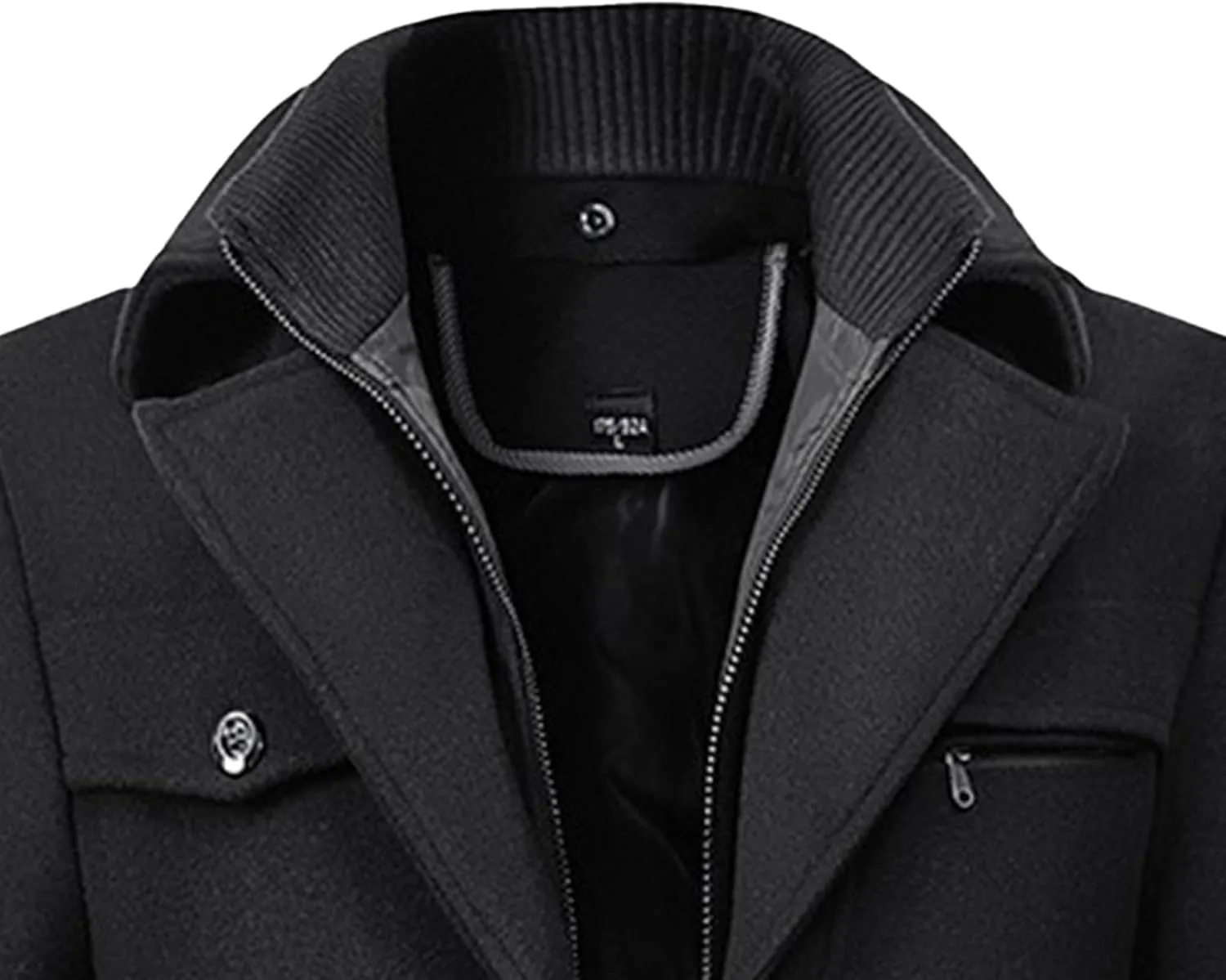 Mens Winter Thicken Wool Jacket Woolen Trench Coat with Detachable Scarf Notched Collar Single Breasted Pea Coats