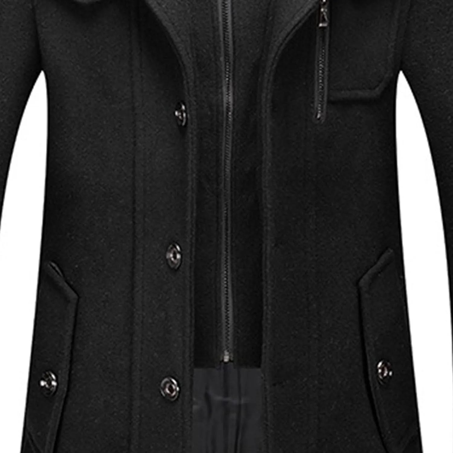 Mens Winter Thicken Wool Jacket Woolen Trench Coat with Detachable Scarf Notched Collar Single Breasted Pea Coats