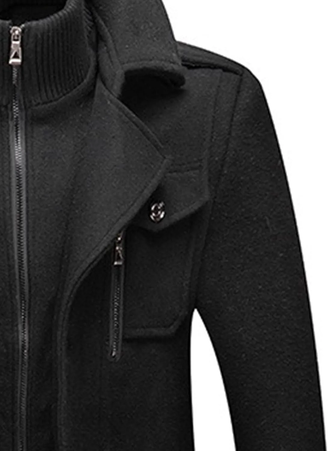 Mens Winter Thicken Wool Jacket Woolen Trench Coat with Detachable Scarf Notched Collar Single Breasted Pea Coats