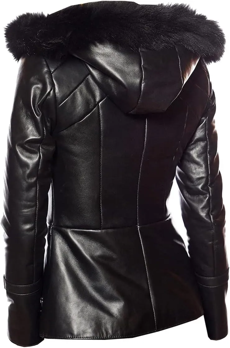 Milani Hooded Black Fur Real Lambskin Leather Jacket for Women