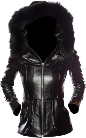 Milani Hooded Black Fur Real Lambskin Leather Jacket for Women