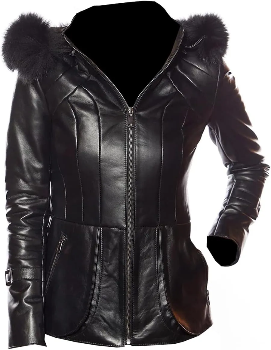Milani Hooded Black Fur Real Lambskin Leather Jacket for Women
