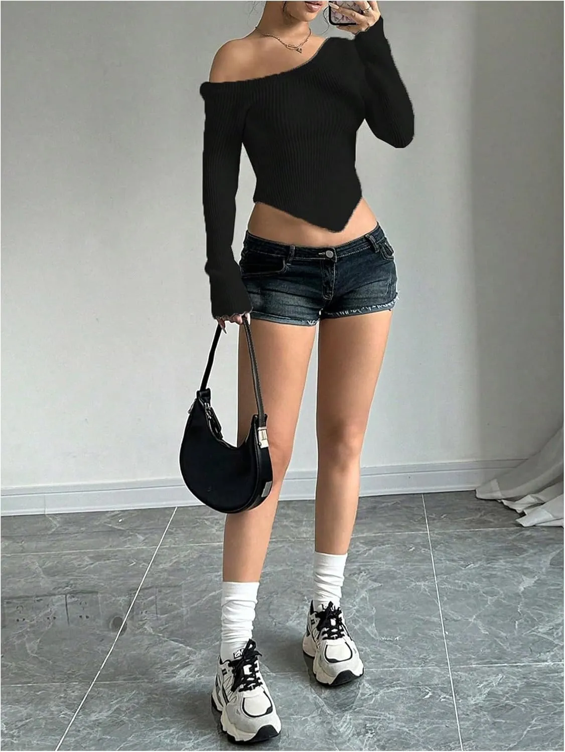 Milumia Women's Long Sleeve Off The Shoulder Sweaters Y2k Asymmetrical Hem Knitted Crop Tops
