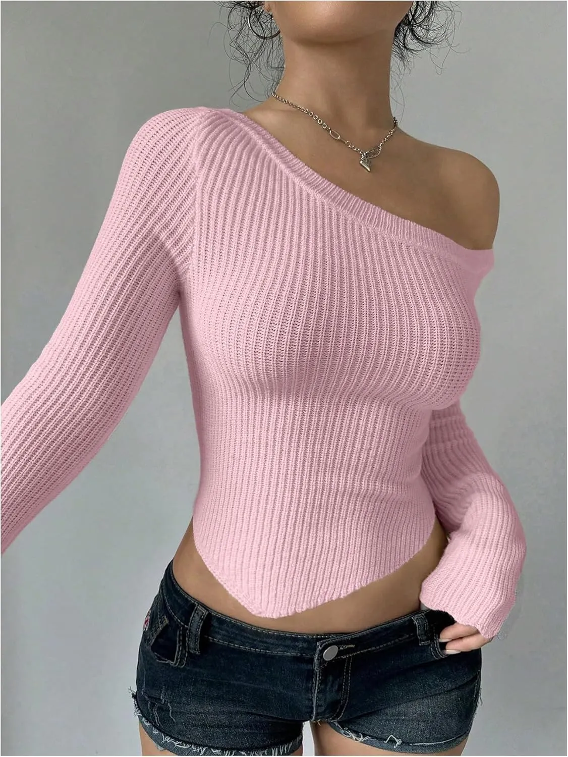 Milumia Women's Long Sleeve Off The Shoulder Sweaters Y2k Asymmetrical Hem Knitted Crop Tops