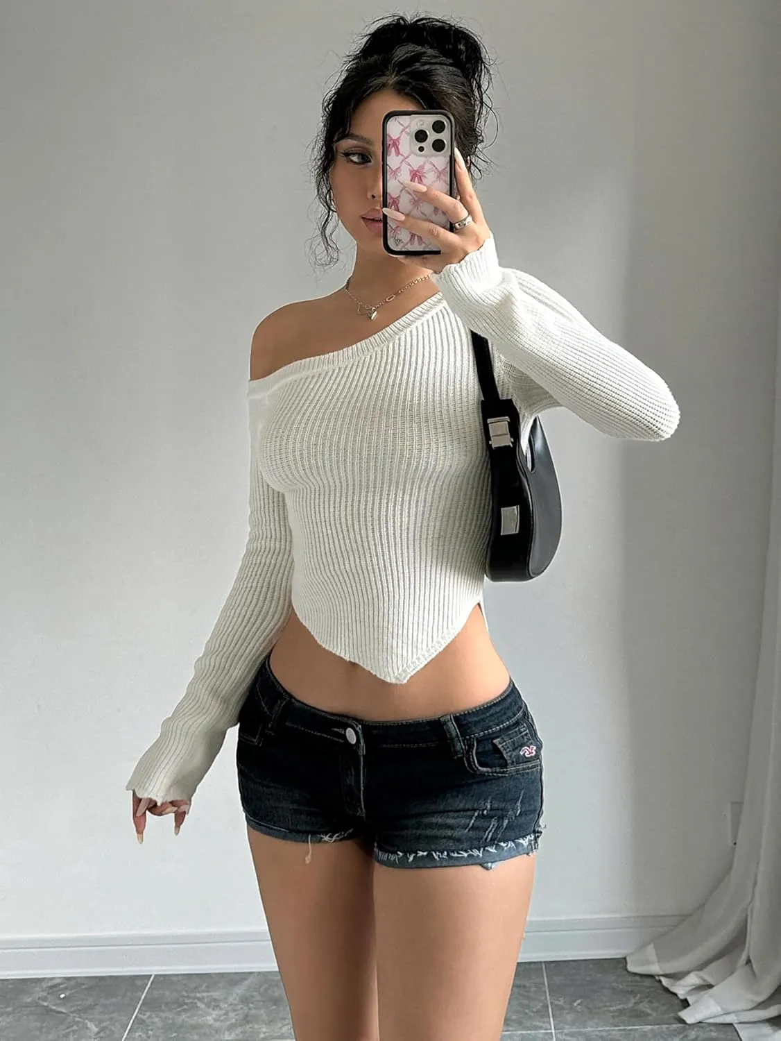 Milumia Women's Long Sleeve Off The Shoulder Sweaters Y2k Asymmetrical Hem Knitted Crop Tops