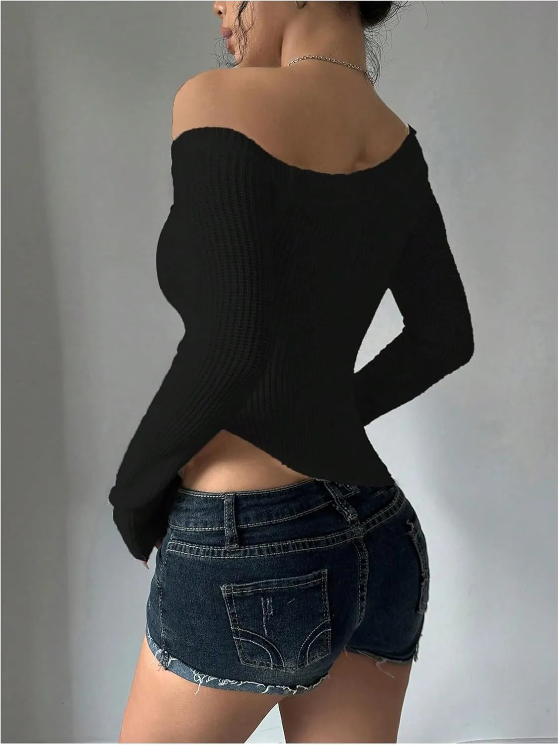 Milumia Women's Long Sleeve Off The Shoulder Sweaters Y2k Asymmetrical Hem Knitted Crop Tops