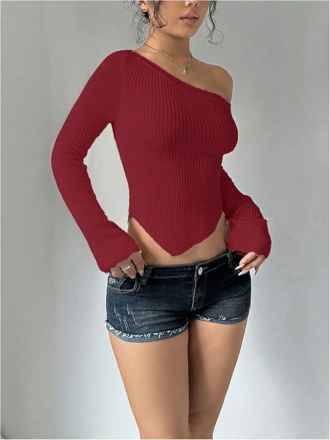 Milumia Women's Long Sleeve Off The Shoulder Sweaters Y2k Asymmetrical Hem Knitted Crop Tops