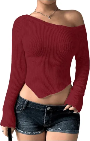 Milumia Women's Long Sleeve Off The Shoulder Sweaters Y2k Asymmetrical Hem Knitted Crop Tops