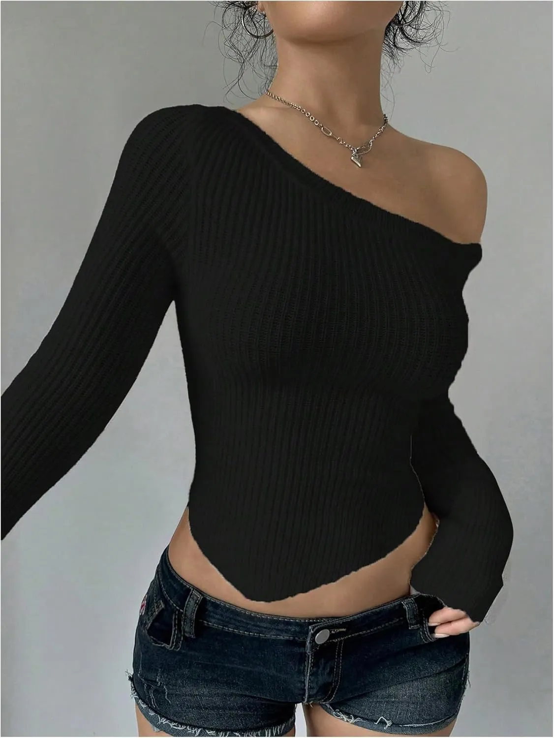 Milumia Women's Long Sleeve Off The Shoulder Sweaters Y2k Asymmetrical Hem Knitted Crop Tops