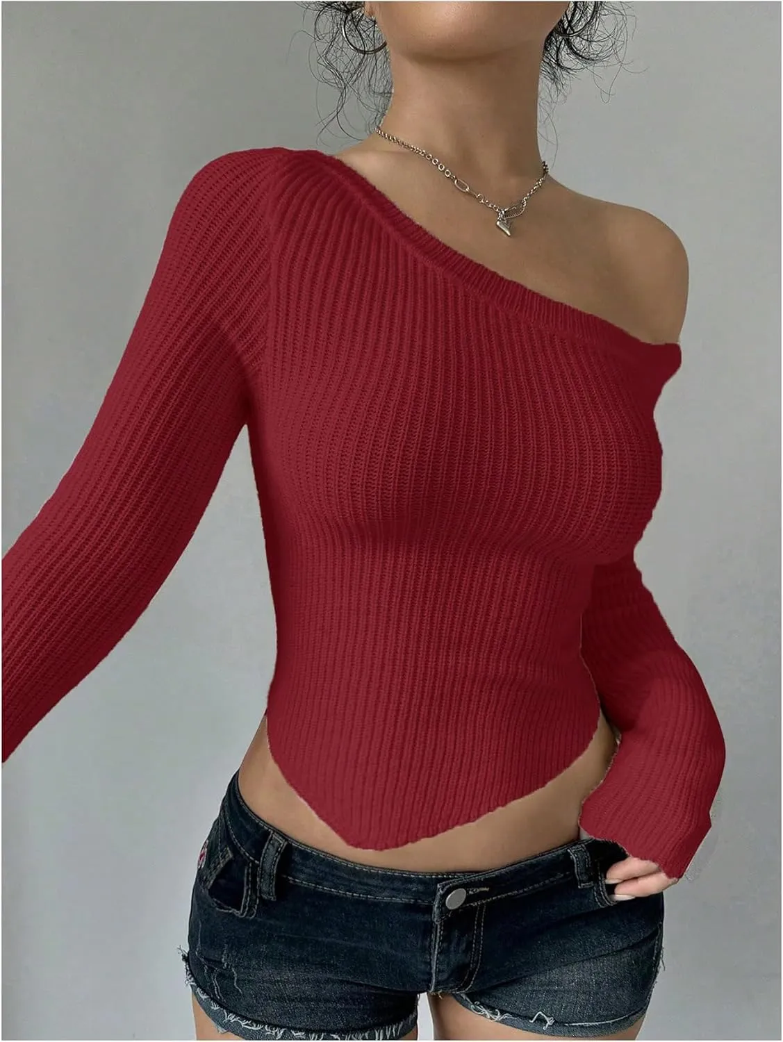 Milumia Women's Long Sleeve Off The Shoulder Sweaters Y2k Asymmetrical Hem Knitted Crop Tops