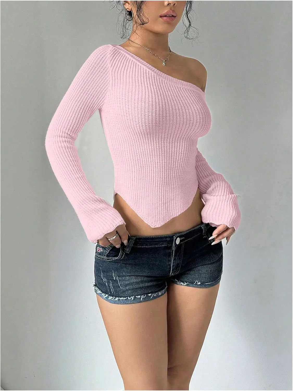 Milumia Women's Long Sleeve Off The Shoulder Sweaters Y2k Asymmetrical Hem Knitted Crop Tops