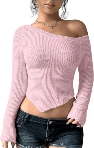 Milumia Women's Long Sleeve Off The Shoulder Sweaters Y2k Asymmetrical Hem Knitted Crop Tops