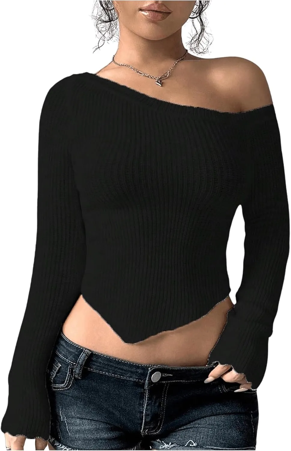 Milumia Women's Long Sleeve Off The Shoulder Sweaters Y2k Asymmetrical Hem Knitted Crop Tops