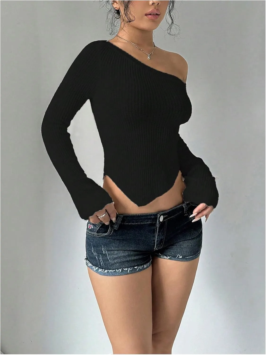 Milumia Women's Long Sleeve Off The Shoulder Sweaters Y2k Asymmetrical Hem Knitted Crop Tops