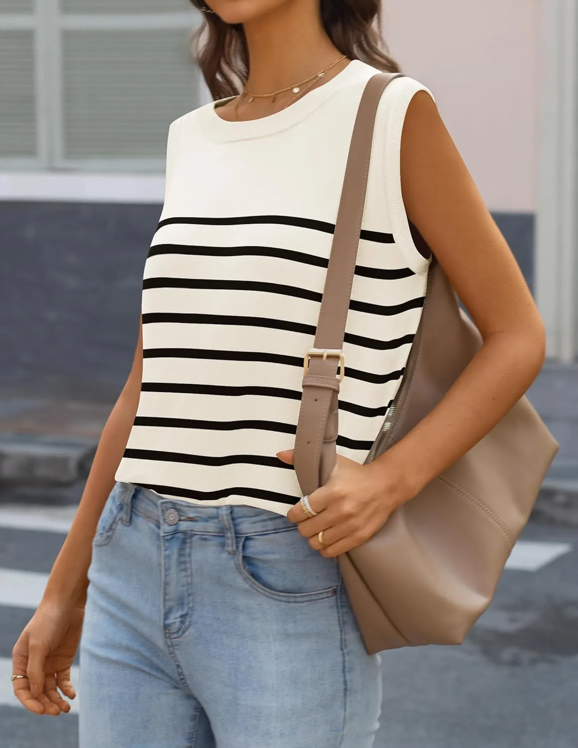 MIROL Women's Sleeveless Striped Tank Tops 2025 Summer Crewneck T-Shirts Basic Knit Casual Loose Blouse