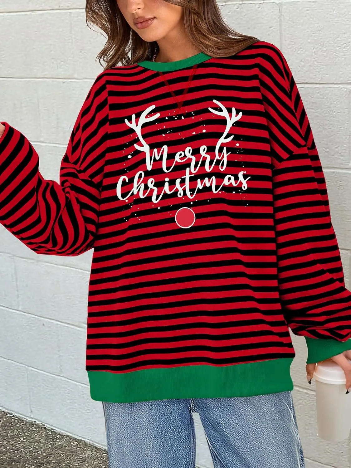 MYHALF Christmas Sweatshirts for Women 2024 Ugly Merry Christmas Shirt Crewneck Xmas Holiday Sweaters Oversized Striped Tops