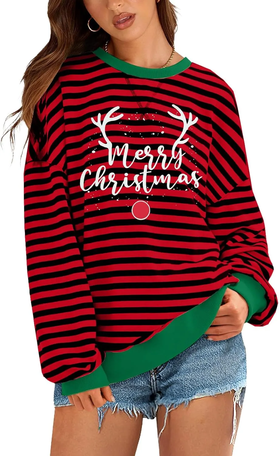 MYHALF Christmas Sweatshirts for Women 2024 Ugly Merry Christmas Shirt Crewneck Xmas Holiday Sweaters Oversized Striped Tops