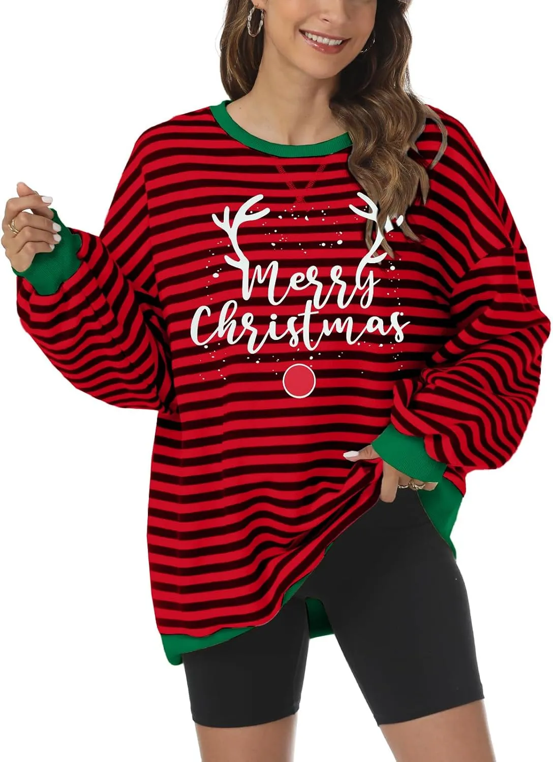 MYHALF Christmas Sweatshirts for Women 2024 Ugly Merry Christmas Shirt Crewneck Xmas Holiday Sweaters Oversized Striped Tops