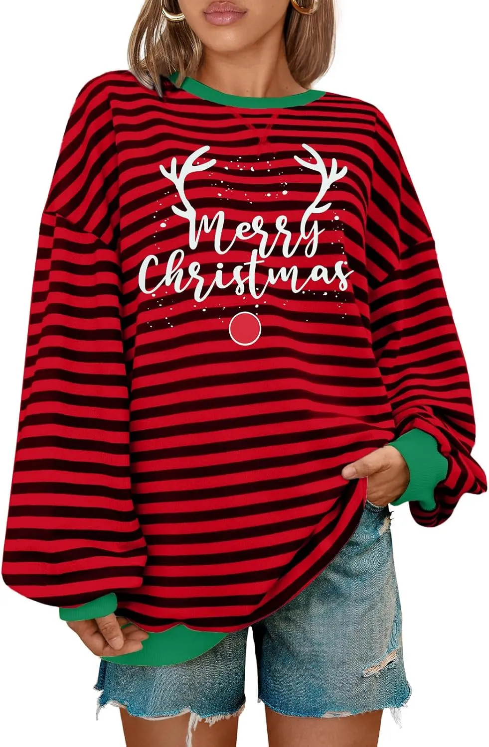 MYHALF Christmas Sweatshirts for Women 2024 Ugly Merry Christmas Shirt Crewneck Xmas Holiday Sweaters Oversized Striped Tops