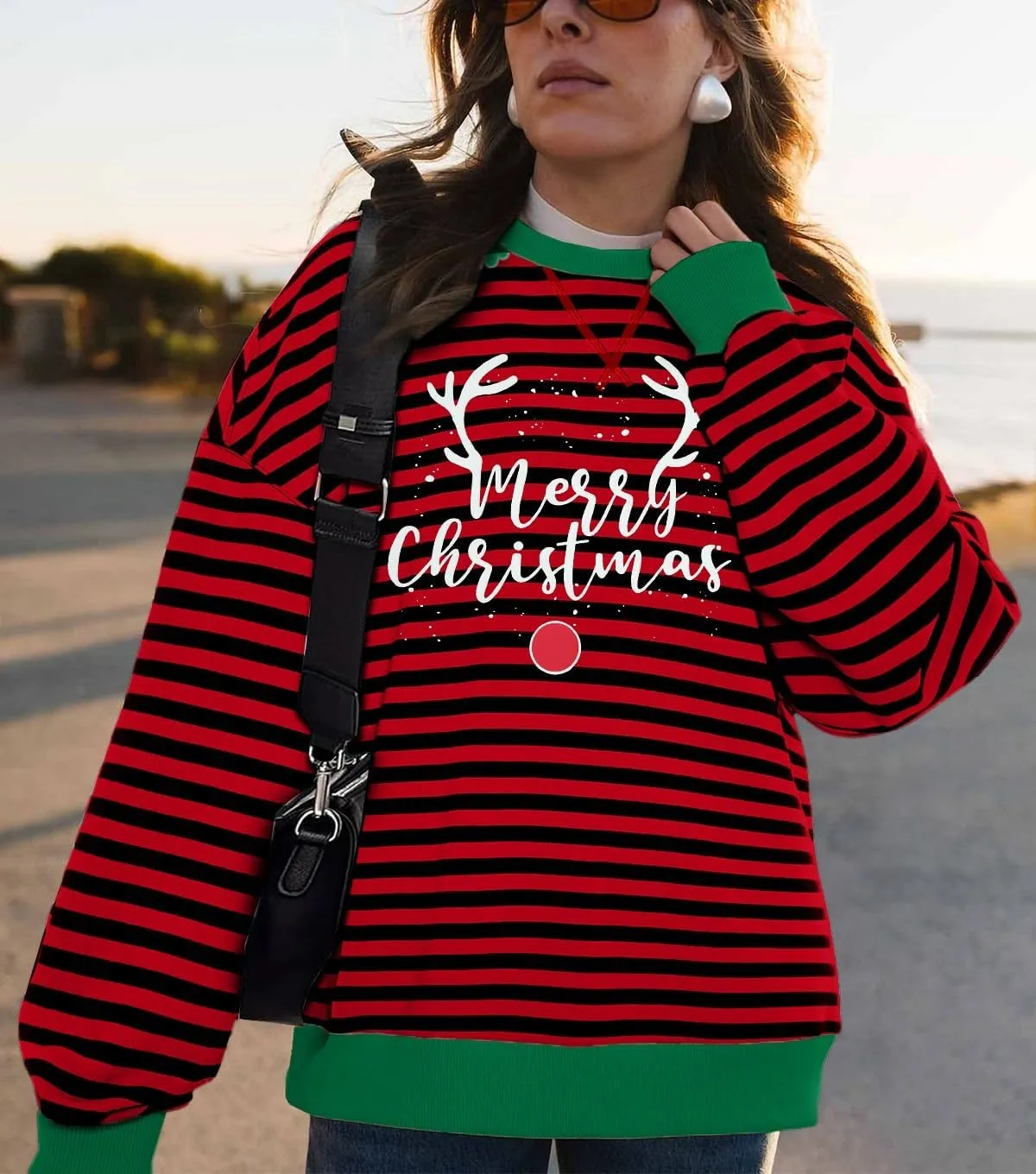 MYHALF Christmas Sweatshirts for Women 2024 Ugly Merry Christmas Shirt Crewneck Xmas Holiday Sweaters Oversized Striped Tops