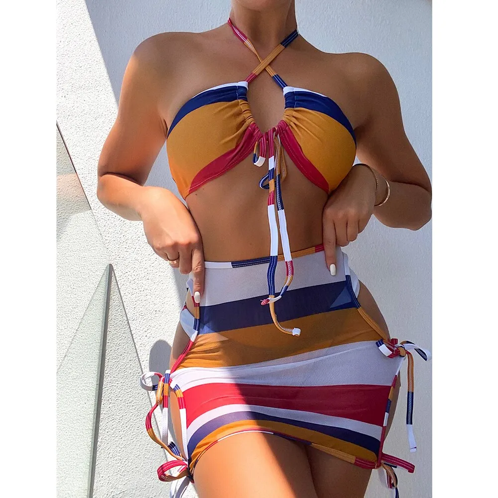 New Sexy Three Pieces Bikini Set With Sarong Swimwear Women 2022 Halter Swimsuit Female Striped Print Bikini Bathing Suits Swim