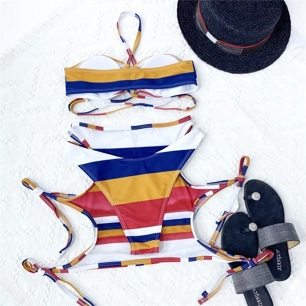 New Sexy Three Pieces Bikini Set With Sarong Swimwear Women 2022 Halter Swimsuit Female Striped Print Bikini Bathing Suits Swim