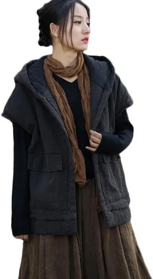 NFYM Women Winter Puffer Vest Hooded Collar Fly Sleeve Cotton Quilted Padded Jackets Coat with Pockets