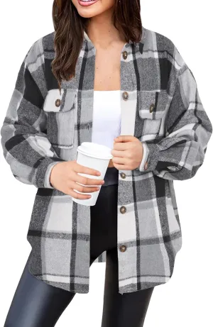 NIeyook Women's Casual Plaid Flannel Shacket Jacket Oversized Button Down Long Sleeve Fall Shirts Jacket Lapel Coats Tops