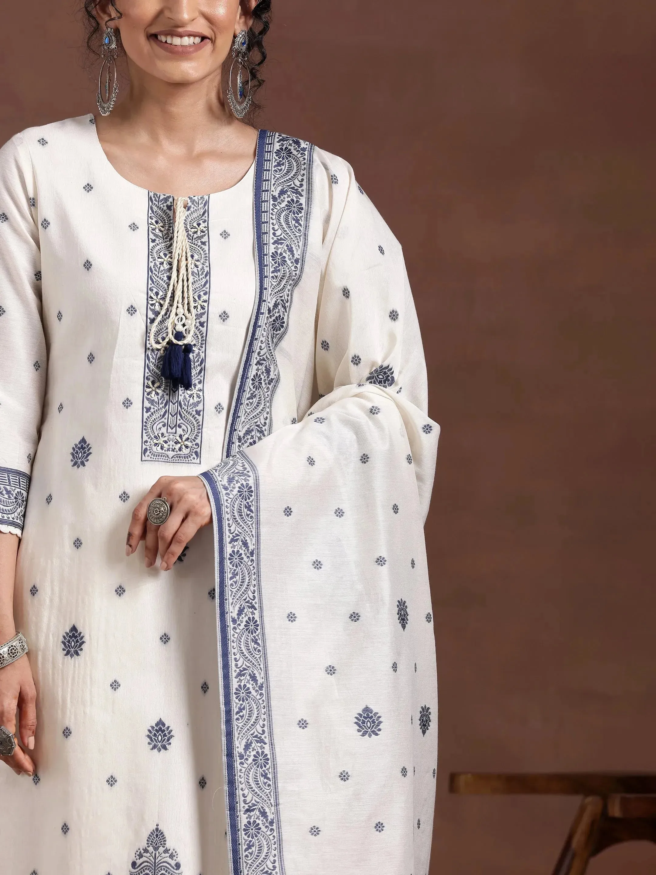 Off White Woven Design Chanderi Silk Straight Suit With Dupatta
