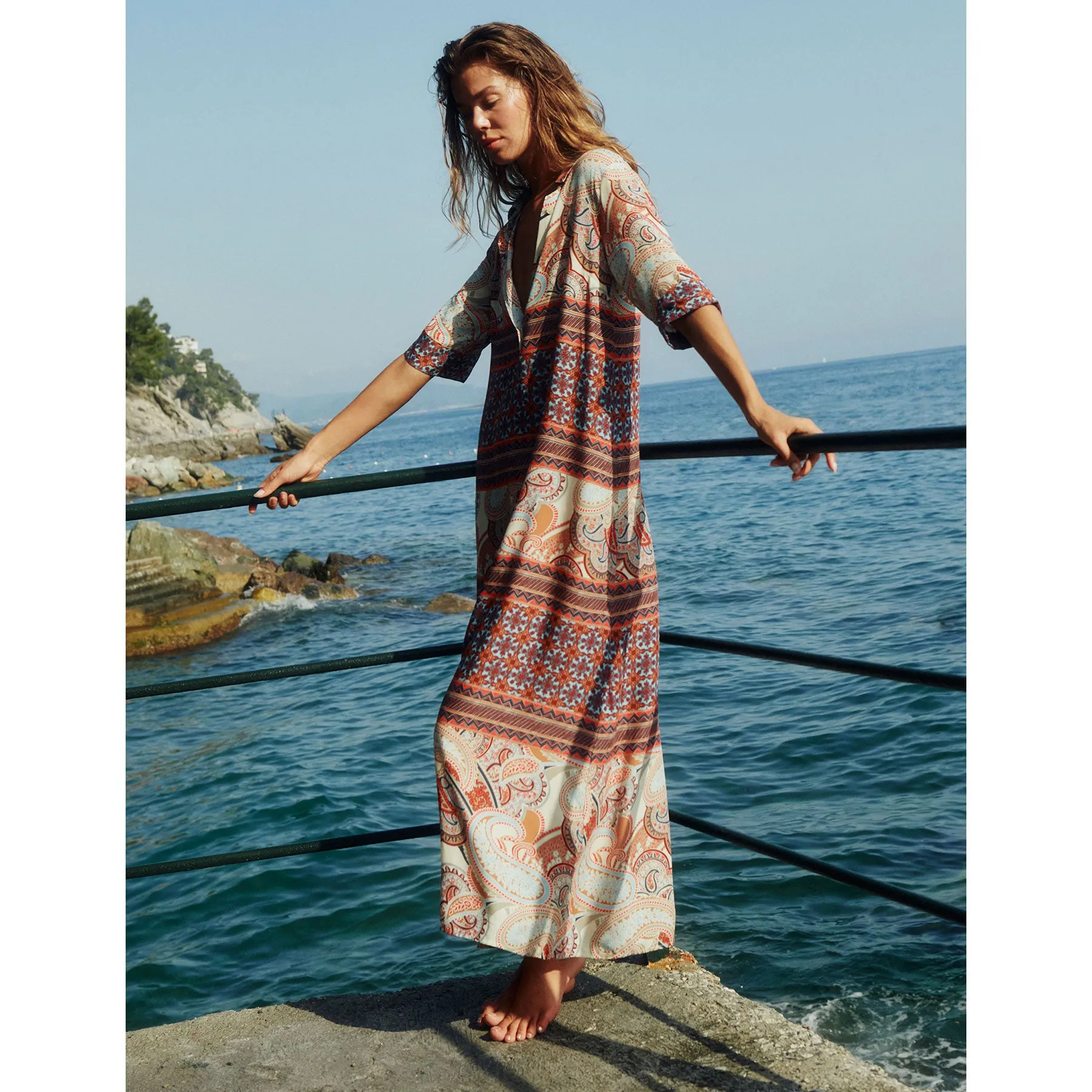 Olivia Kaftan Blue Brown Red Paisley Women Beachwear Hand Made In Italy
