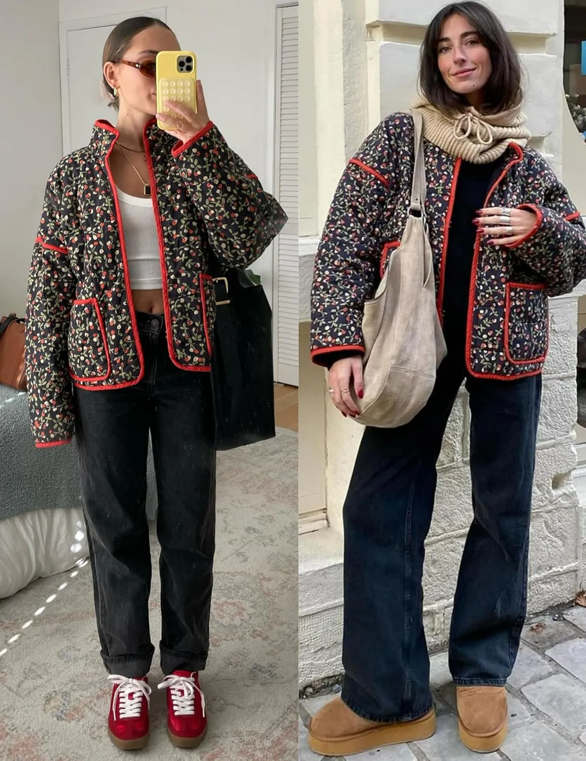 Omoone Women's Cropped Quilted Jacket Floral Printed LightWeight Padded Puffer Cardigan Coat Outwear