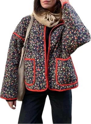 Omoone Women's Cropped Quilted Jacket Floral Printed LightWeight Padded Puffer Cardigan Coat Outwear