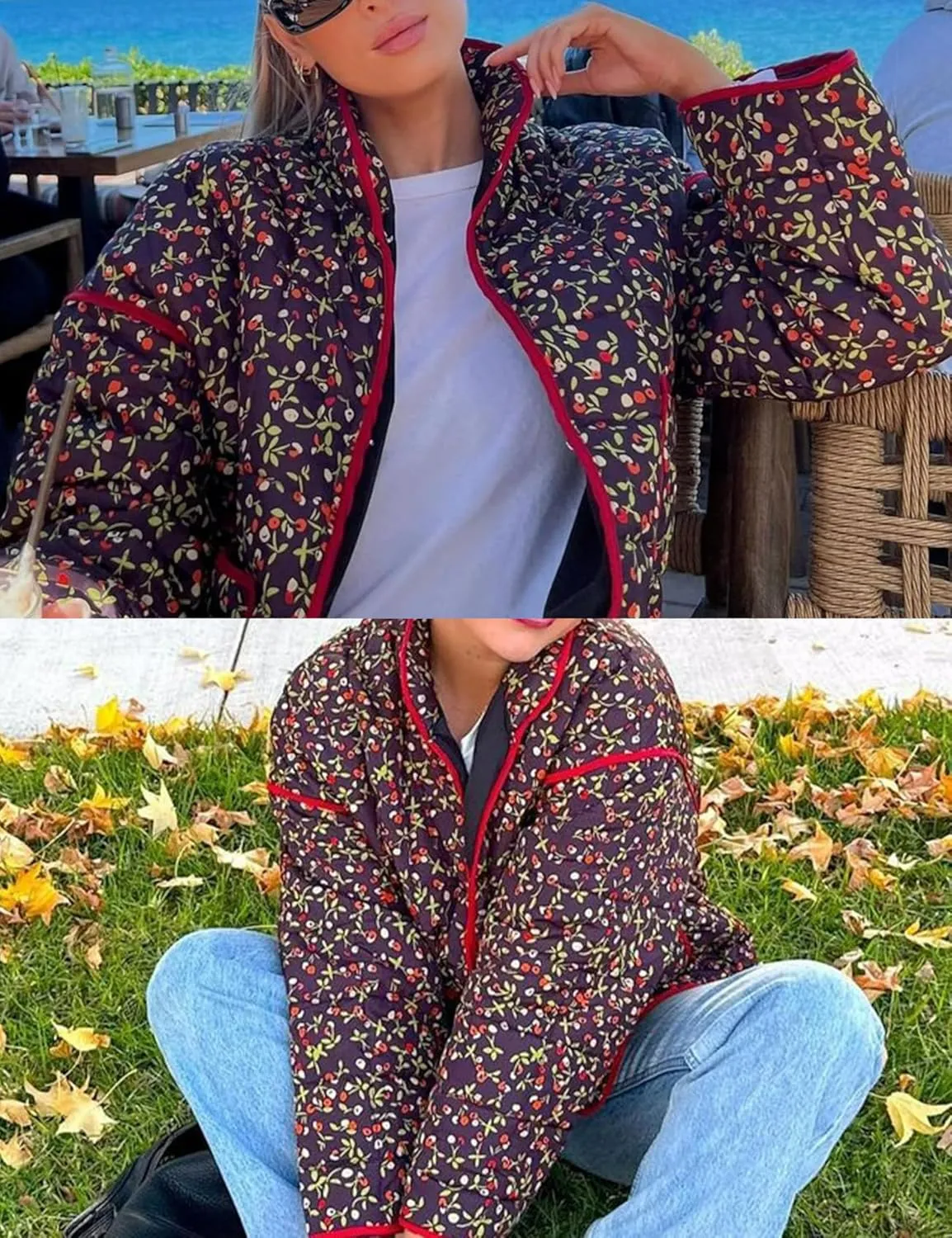 Omoone Women's Cropped Quilted Jacket Floral Printed LightWeight Padded Puffer Cardigan Coat Outwear