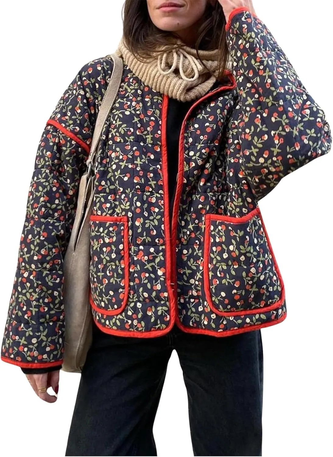 Omoone Women's Cropped Quilted Jacket Floral Printed LightWeight Padded Puffer Cardigan Coat Outwear