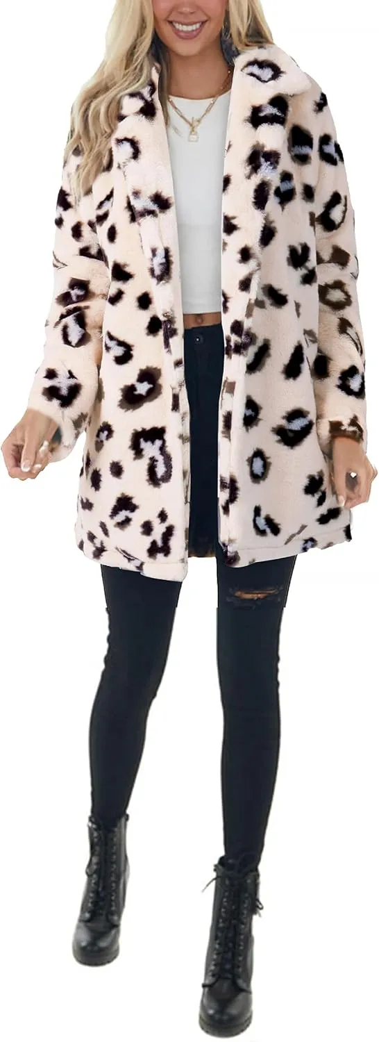 Omoone Women's Faux Fur Jackets Autumn Winter Leopard Coats Loose Fur Coat with Pockets