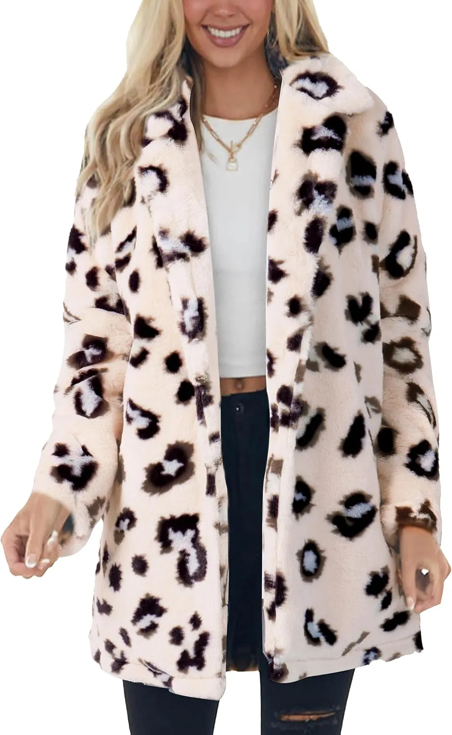 Omoone Women's Faux Fur Jackets Autumn Winter Leopard Coats Loose Fur Coat with Pockets