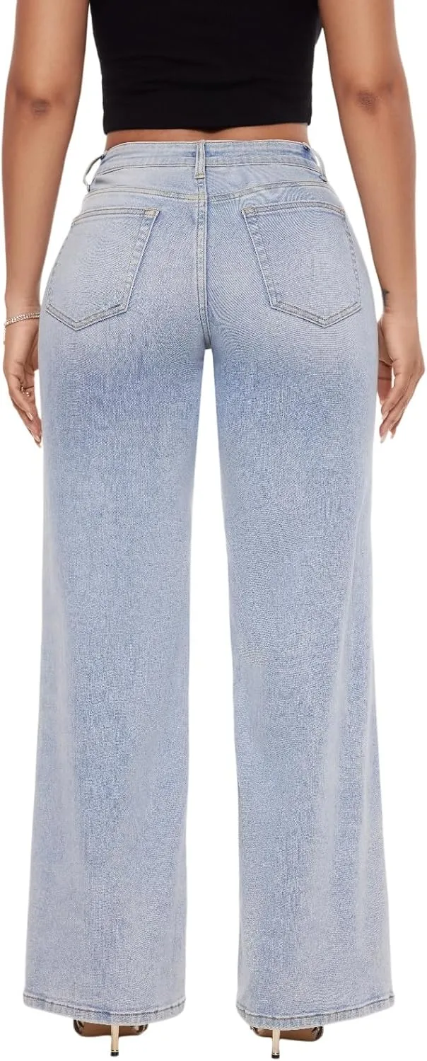 ONESO Wide Leg for Women Mid Low Rise Baggy Jeans Distressed Pants Stretchy Bottom Lady Basic Comfortable Denim